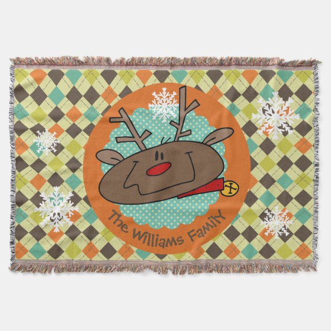 Personalised Argyle Reindeer Holiday Throw Blanket (Front)