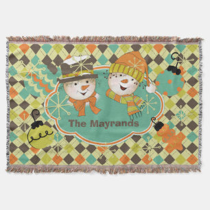 Personalised Argyle Snowmen Holiday Throw Blanket