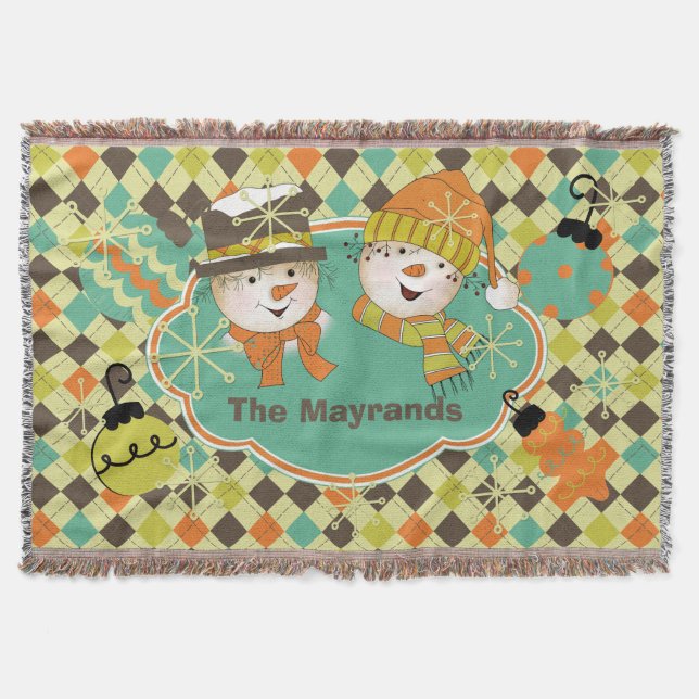 Personalised Argyle Snowmen Holiday Throw Blanket (Front)