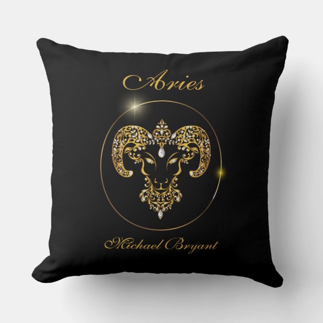 Personalised Aries Zodiac Sun Sign Black Gold  Cushion (Front)