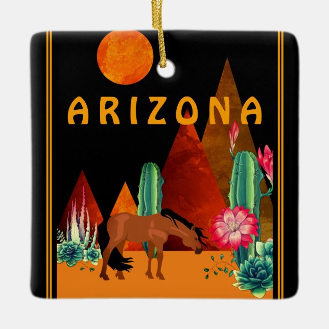 Personalised Arizona Desert, Horse, Moon Christmas Ceramic Ornament (Front)