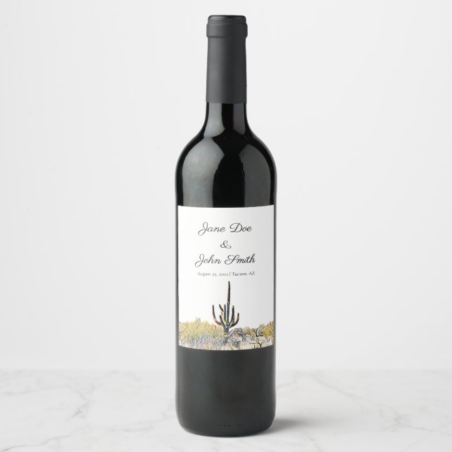 Personalised Arizona Saguaro Cactus Desert Wedding Wine Label (Front)