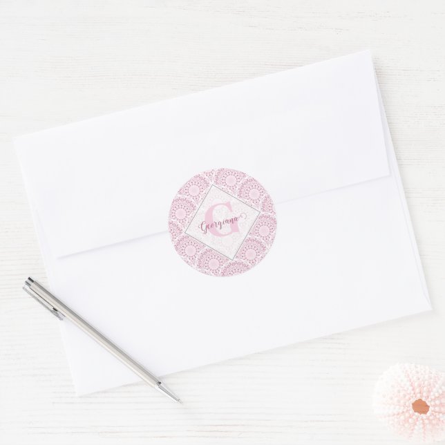 Personalised Art Deco Pink Confetti Lace Mandala Classic Round Sticker (Envelope)