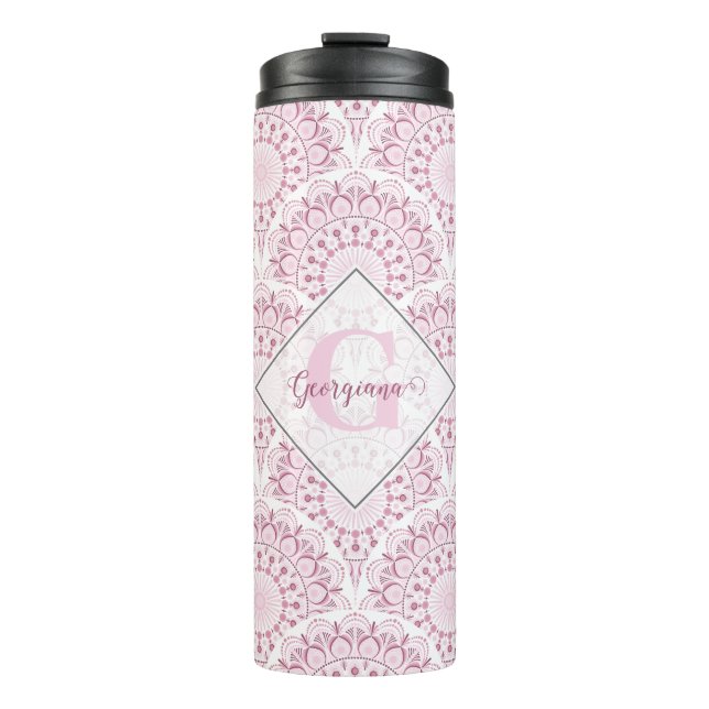 Personalised Art Deco Pink Confetti Lace Mandala Thermal Tumbler (Front)