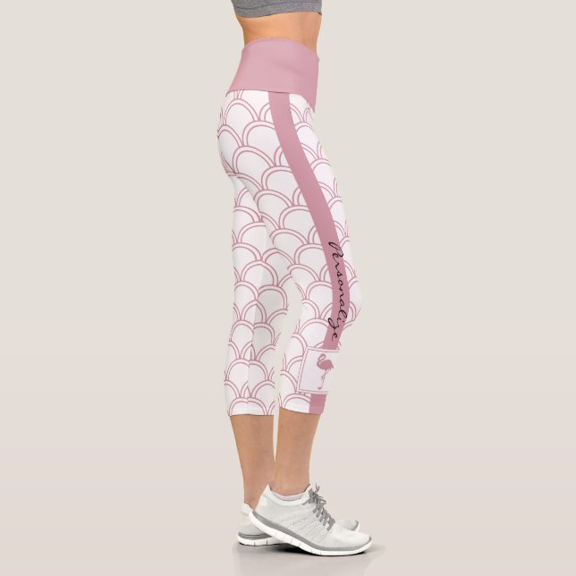 Personalised Art Deco Wave Patten Pink Flamingo Capri Leggings (Right)