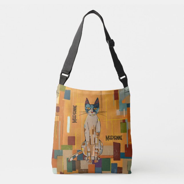 Personalised Art Nouveau Klimt-inspired Gold Cat Crossbody Bag (Front)