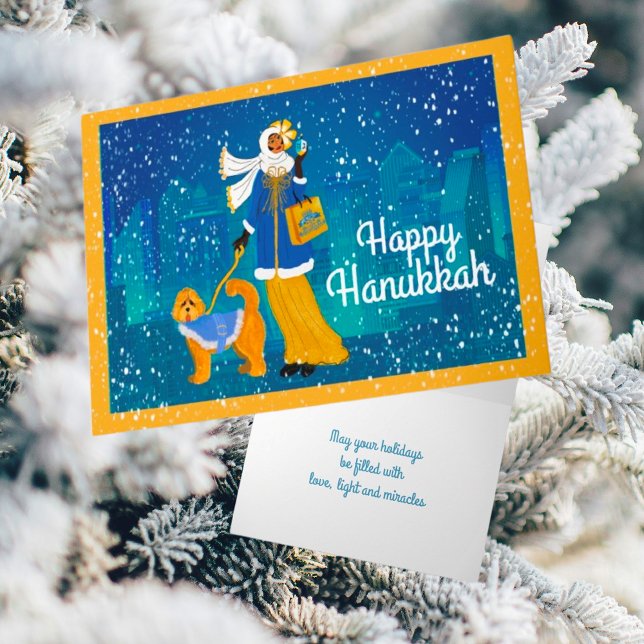 Personalised Art Nouveau Lady with Doodle Dog Holiday Card (A beautiful snowy night for Hanukkah shopping. I think her Doodle Dog approves!)