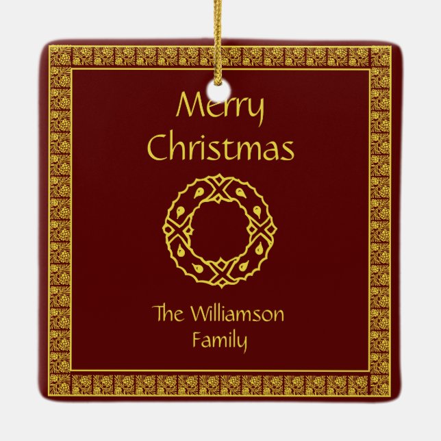 Personalised Art Nouveau Red Christmas Ceramic Ornament (Back)