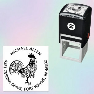 Personalised Artistic Rooster Round Return Address Self-inking Stamp