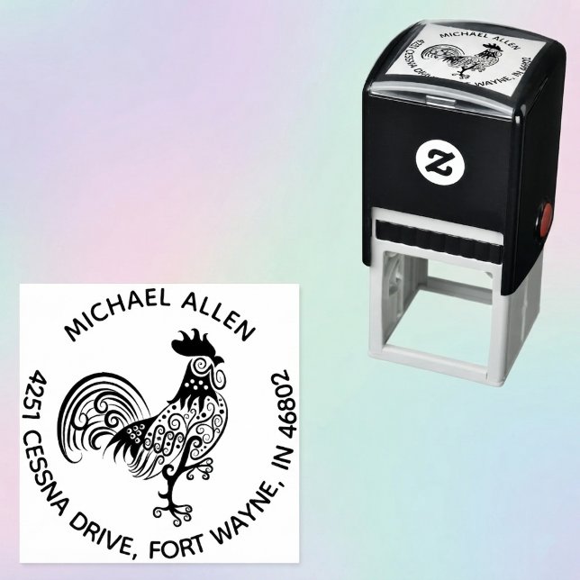 Personalised Artistic Rooster Round Return Address Self-inking Stamp (Round return address stamp featuring a rooster illustration.)