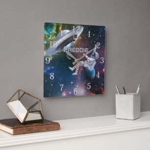 Personalised Astronaut and Flying Saucer Square Wall Clock