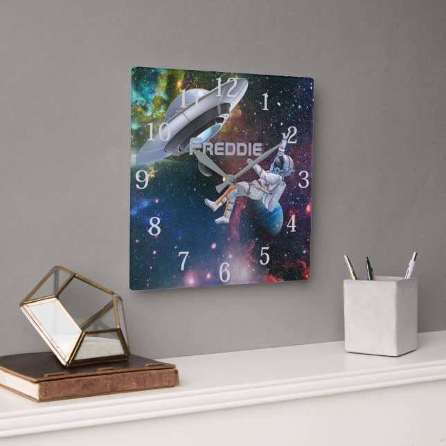 Personalised Astronaut and Flying Saucer Square Wall Clock (Office)