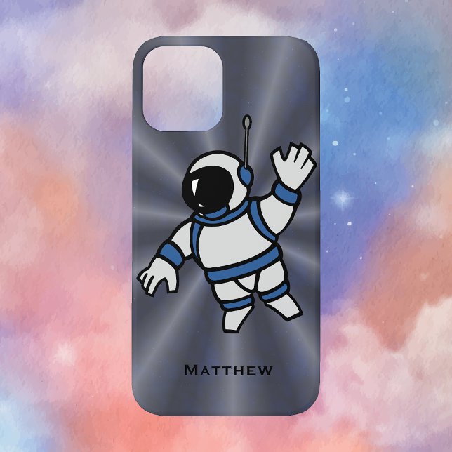 Personalised Astronaut with Blue Accents in Space Case-Mate iPhone Case (Cartoon Astronaut with Blue Accents Floating in Space with Custom Text Line Phone Case)
