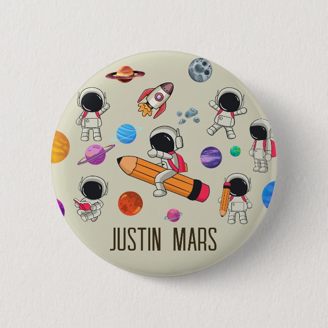 Personalised Astronauts and Planets Back to School 6 Cm Round Badge (Front)