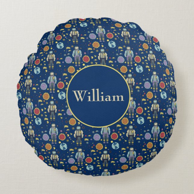Personalised Astrounaut Space Man Colourful Round Cushion (Front)