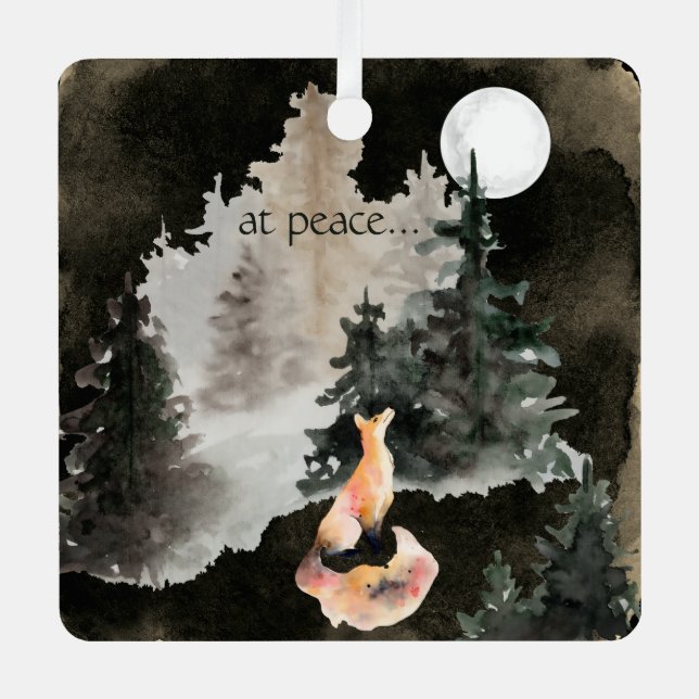 Personalised at peace ~ Fox and Full Moon Woodland Metal Tree Decoration (Front)