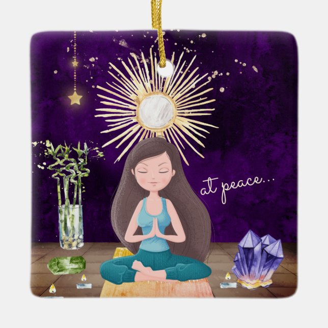 Personalised At Peace Yoga Brunette Girl Christmas Ceramic Ornament (Front)