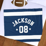 Personalised Athlete Name and Number Navy Blue Fleece Blanket<br><div class="desc">Personalised sports fleece blanket for athletes features a first or last name in curved sporty lettering along with a team number. Wide horizontal stripes and stars accent this simple and stylish design. The colour scheme of navy blue and white can be modified to coordinate with your club or school colours....</div>