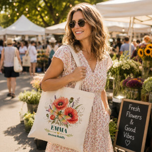 Personalised August Birth Flower Dragonfly Poppy Tote Bag