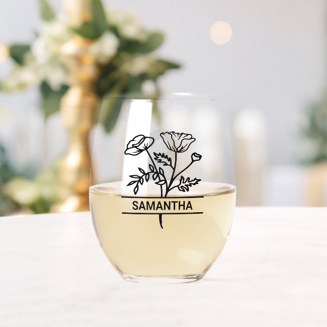 Personalised August Birth Month Flower Monogram Stemless Wine Glass (Insitu (Wedding))