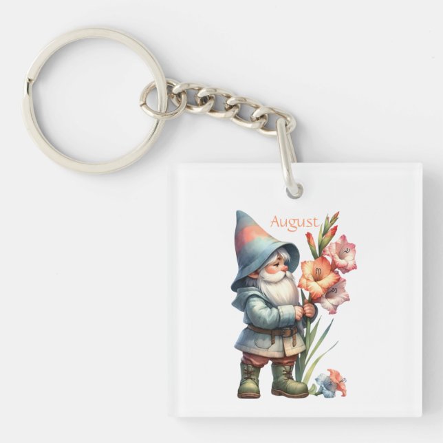 Personalised August Birth Month Garden Gnome Key Ring (Front)