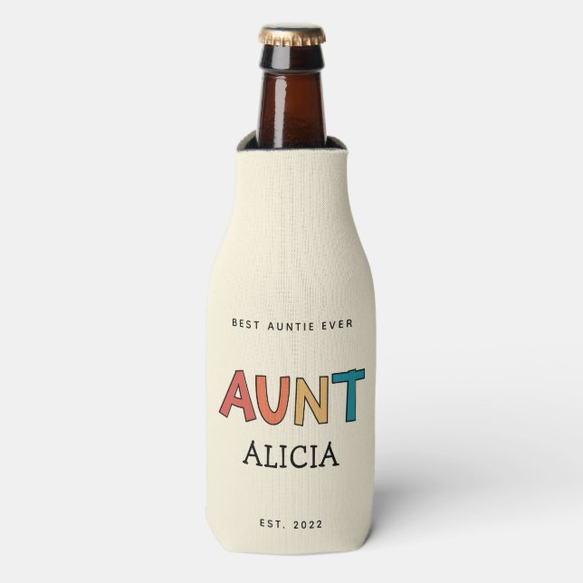 Personalised Aunt Retro Gift Best Auntie Ever Cute Bottle Cooler (Bottle Front)