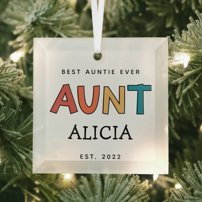 Personalised Aunt Retro Gift Best Auntie Ever Cute Glass Tree Decoration (Insitu)