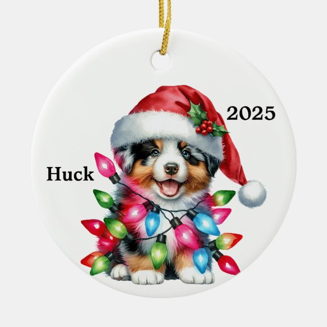 Personalised Australian Shepherd Christmas Dog Ceramic Tree Decoration (Front)