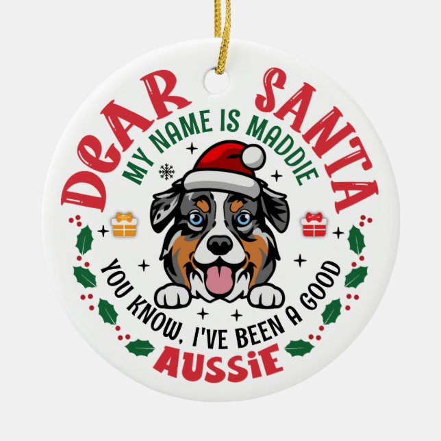 Personalised Australian Shepherd Dog Christmas Ceramic Tree Decoration (Front)