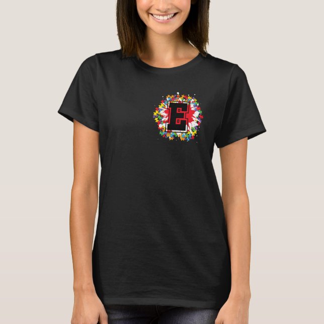 Personalised Autism Awareness Initial E Letter Mon T-Shirt (Front)