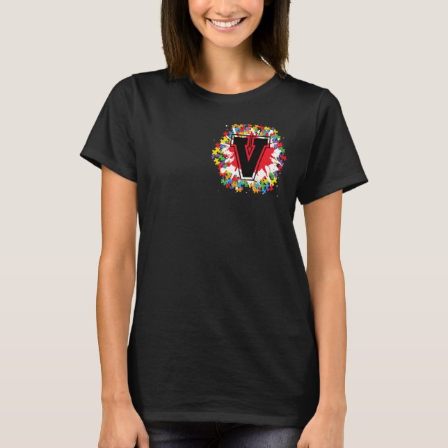 Personalised Autism Awareness Initial V Letter Mon T-Shirt (Front)