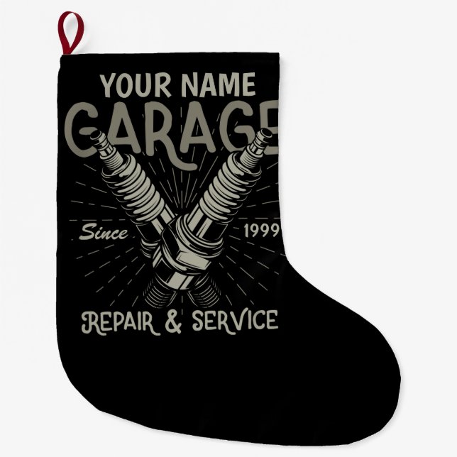 Personalised Auto Mechanic Garage Retro Spark Plug Large Christmas Stocking (Front)