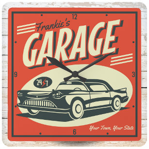 Personalised Auto Mechanic Shop Classic Car Garage Square Wall Clock