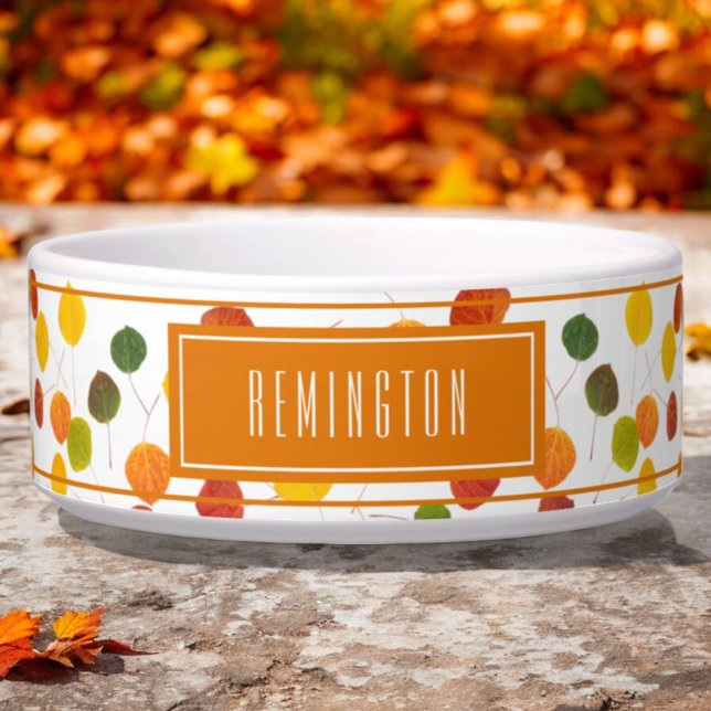 Personalised Autumn Aspen Leaves Pattern Pet Bowl (front custom pet bowl)