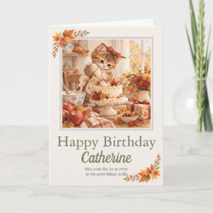 Personalised Autumn Birthday Kitten Cake Card