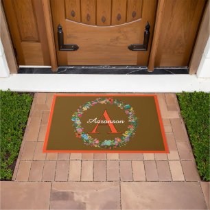 Personalised Autumn Colours Floral Wreath Earthy Doormat