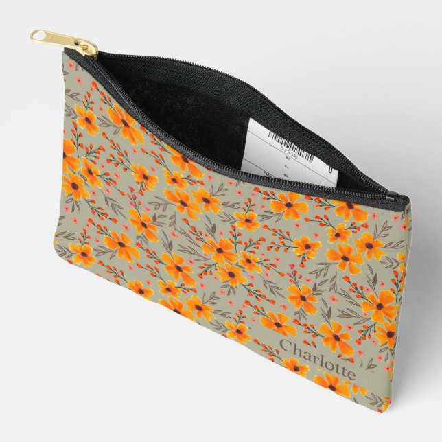 Personalised Autumn Fall Floral Pattern SageGreen  Accessory Pouch (Open)