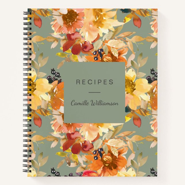Personalised Autumn Floral Fall Sage Green Recipe Notebook (Front)