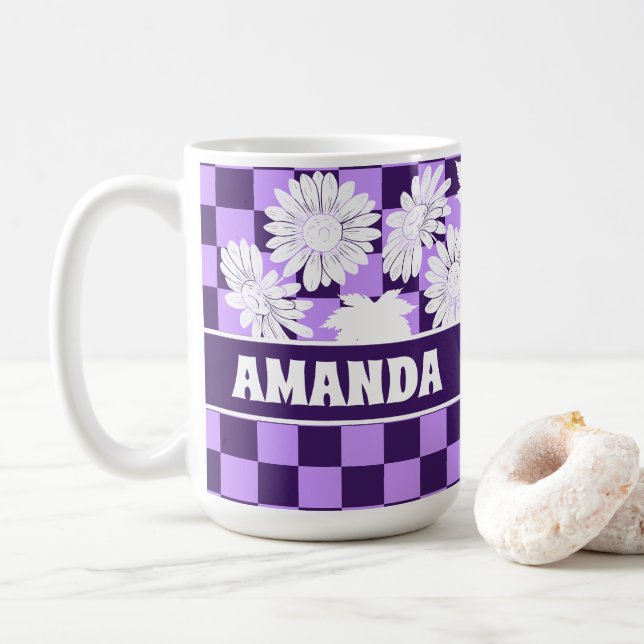 Personalised Autumn Flowers Purple Chequerboard Coffee Mug (With Donut)