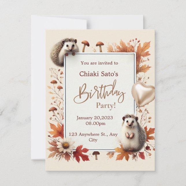 Personalised Autumn Hedgehog Birthday Invitation (Front)
