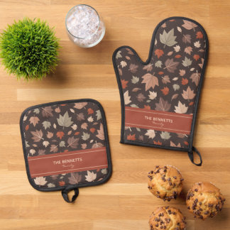Personalised Autumn Leaves Family Name Gift Oven Mitt & Pot Holder Set