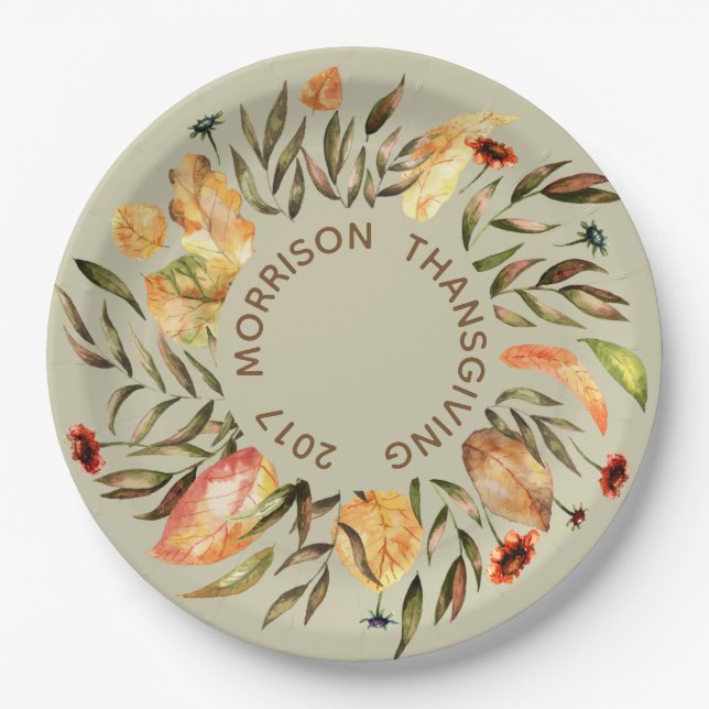 Personalised  Autumn Leaves Wreath Paper Plate (Front)