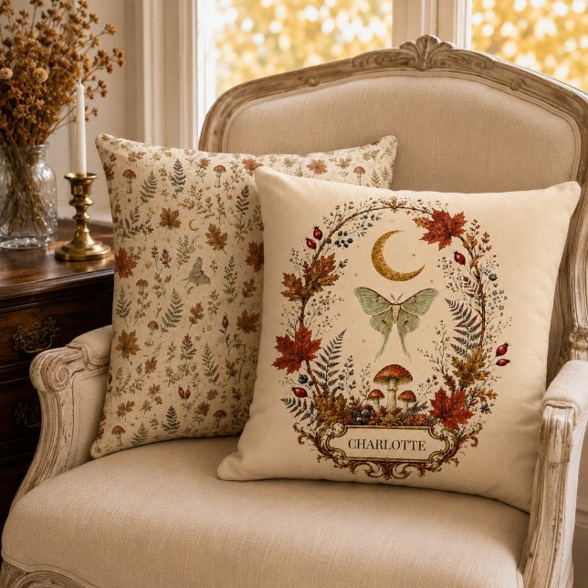 Personalised Autumn Luna Moth Witchy Botanical  Cushion (Personalized Autumn Luna Moth Witchy Botanical Throw Pillow)
