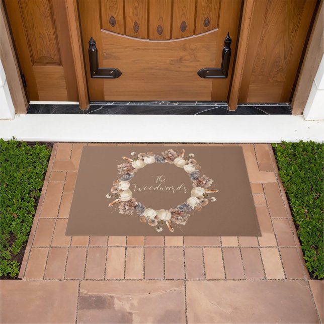 Personalised Autumn Pumpkin Pine Cones Wreath Doormat (Outdoor)