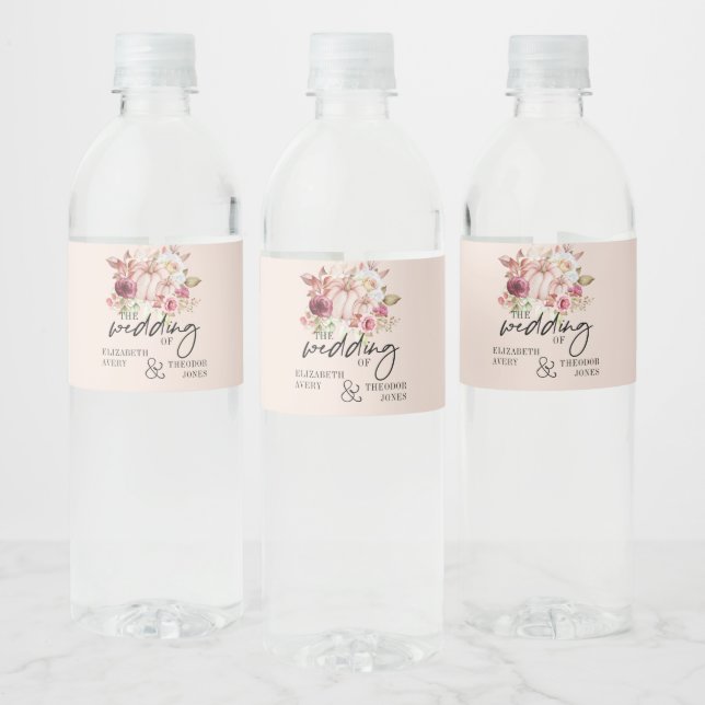 Personalised Autumn Wedding Pink Pumpkin Water Bottle Label (Bottles)