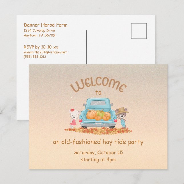 Personalised Autumn Welcome Bears Pumpkins Hayride Postcard (Front/Back)