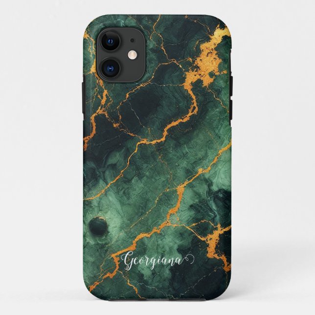 Personalised Autumnal Forest Green & Gold Marble Case-Mate iPhone Case (Back)