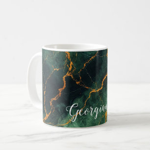 Personalised Autumnal Forest Green & Gold Marble Coffee Mug