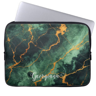 Personalised Autumnal Forest Green & Gold Marble Laptop Sleeve