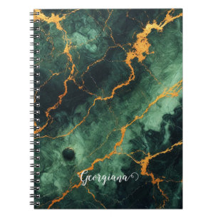 Personalised Autumnal Forest Green & Gold Marble Notebook